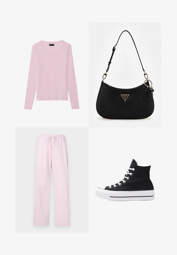 Világos rózsaszín, hosszú ujjú bordázott felső, kerek nyakkivágással és testhez simuló fazonnal. Puha, texturált anyagból készült. Minimál dizájn, minták nélkül.; Világos rózsaszín pizsamanadrág, amelynek texturált anyaga van, laza fazonban, elasztikus derékbőséggel és állítható zsinórral.; Fekete vászon magas szárú sneaker, fehér fűzőkkel és gumitalppal. Texturált orr-rész és fekete-fehér csíkos kiegészítők jellemzik.; Fekete szintetikus válltáska ívelt sziluettel, texturált kivitelezéssel, arany háromszög logóval és levehető kiegészítőkkel.