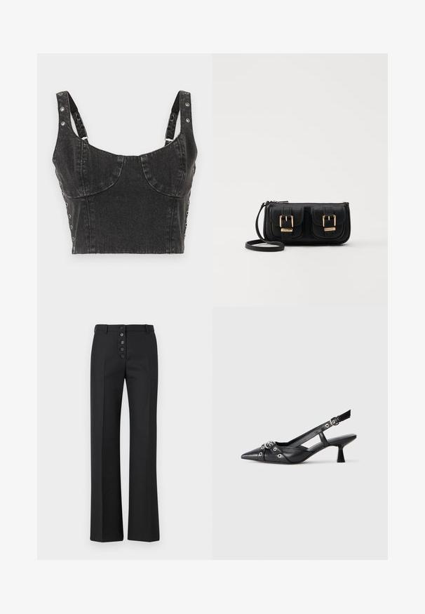 Ksubi DAUPHINE BUSTIER SHADOW - Tops - black; The Kooples PANTALON - Auduma bikses - black; Melnas ādas šlipsveida kurpes ar norādītu purngalu, dekoratīvām joslām ar metāla acīm un zemu bloku papēdi. Teksturēta virsma.; Melnas ādas crossbody soma ar divām priekšējām kabatām, zelta sprādzēm, ar rāvējslēdzēju aizdari un šauru siksnu. Strukturēta virsma un kompakta taisnstūra forma.