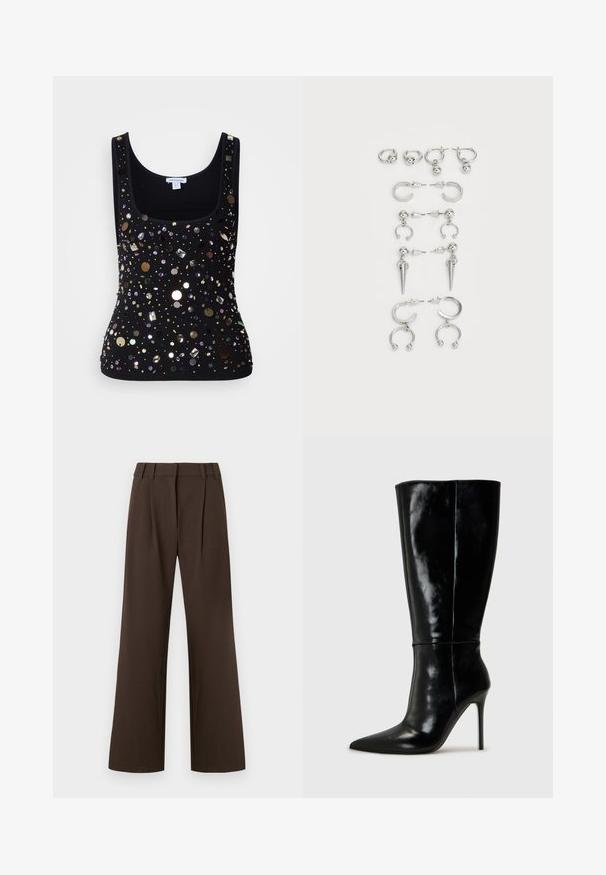Haut sans manches noir à rayures avec encolure dégagée, décoré de divers sequins brillants et perles de formes et couleurs multiples.; Pantalon marron à jambes larges avec une taille haute, présentant des plis à l'avant, fabriqué dans un tissu lisse sans motifs ni accents visibles.; Bottes noires en cuir, hautes jusqu'au genou, avec un bout pointu et un talon aiguille haut. Texture lisse et design épuré, avec un minimum de détails.; Ensemble de boucles d'oreilles en argent présentant divers designs : créoles, puces et styles pendants, avec des accents de billes et des éléments pointus.
