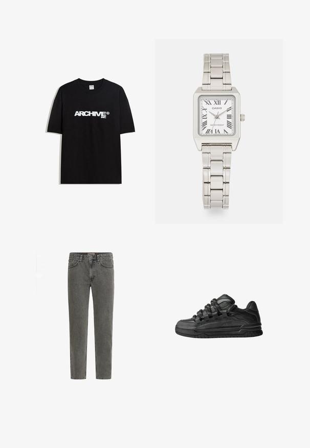 Crna pamučna majica s bijelim 'ARCHIVE inc.' logotipom preko prsa, kratkim rukavima i okruglim izrezom.; Sive farmerke od denima s ravnim krojem, dizajnom s pet džepova i suptilnom istrošenom teksturom. Opremljene prednjim zatvaranjem na dugme.; Crne tenisice s glatkom kožnom gornjom površinom, teksturiranim detaljima i okruglim crnim i bijelim vezicama. Debeli gumeni potplat s uzorkom.; Srebrni metalni ručni sat sa kvadratnim kućištem, bijelim brojčanikom, rimskim brojevima i srebrnom narukvicom od karika. Ima vodootporan dizajn.