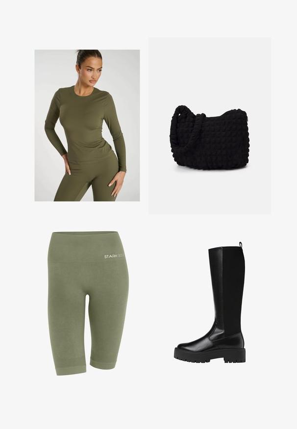 Haut à manches longues vert olive en tissu extensible avec un col rond et un design ajusté, associé à un pantalon ajusté assorti.; Leggings coupés en vert olive, confectionnés dans un tissu doux avec une taille côtelée. Comprend un logo à la taille et des zones d'accent texturé.; Bottes noires synthétiques jusqu'aux genoux avec une finition lisse et texturée et une semelle en caoutchouc épaisse. Dotées d'une languette à l'arrière pour un enfilage facile.; Sac en tissu noir avec un motif texturé et matelassé. Forme arrondie, poignées courtes et épaisses, et structure souple et flexible.