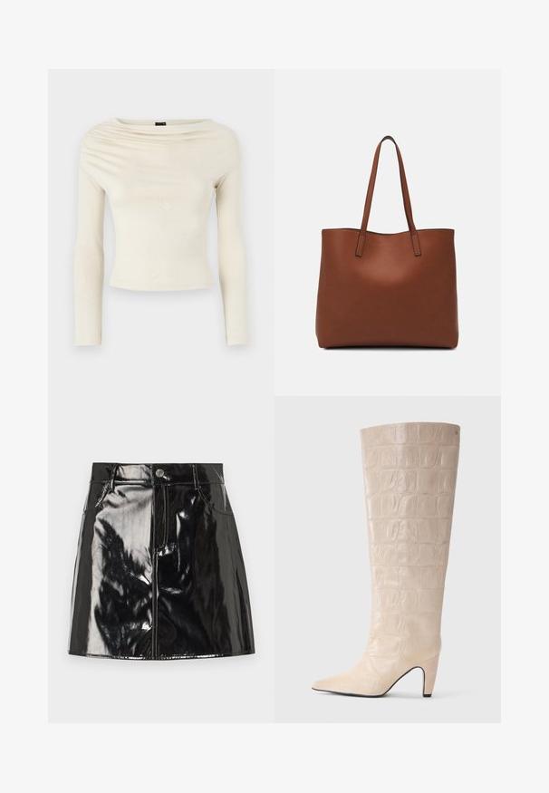 Gina Tricot Pikkade varrukatega topp - turtledove; Must have mustriline mini-seelik läikiva viimistlusega, millel on nööbi sulgemine, vöökohad ja esikotid lisadeks.; Kreem faux krokodilli nahkkingade põlvekõrgused saapad terava toe ja kitseneva kukega. Sile tekstuur, millel on selge muster säärtes.; Pruun nahast tote-kott, millel on sile tekstuur, avatud ülaosa disain ja kaks õlarihma. Omab minimaalset õmblust ja nähtavat riistvara ei ole.