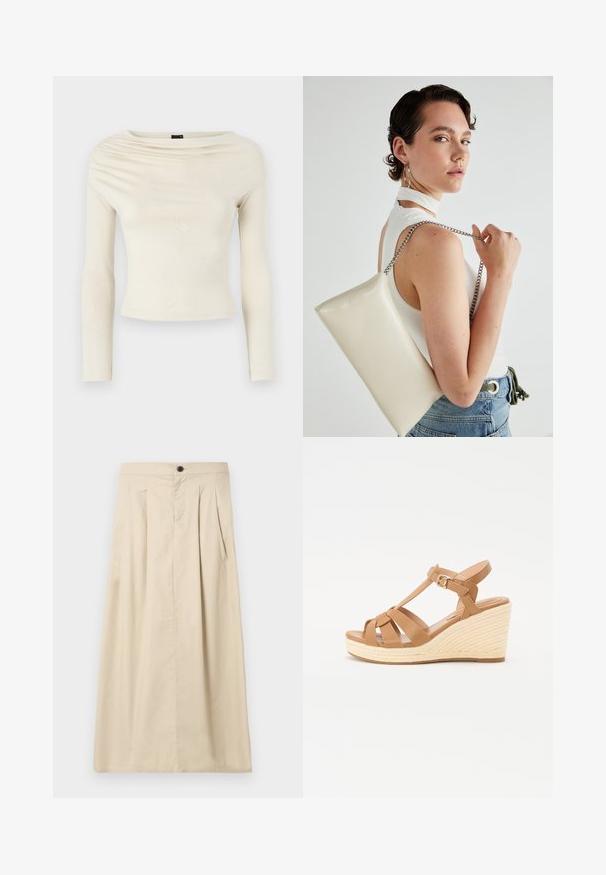 Gina Tricot Hosszú ujjú felső - turtledove; Beige midi szoknya pamut keverékből, elülső pliszékkel, gombos záródással és egyenes fazonnal. Simá szövet, minta nélkül.; Barna wedge szandálok keresztszalagos dizájnnal, állítható bokapánttal és texturált szőtt espadrille stílusú wedge platformmal.; Fehér, téglalap alakú, fényes anyagból készült clutch táska, ezüst láncos pánttal. A modell pózol, bemutatva a táskát egy egyszínű háttér előtt.