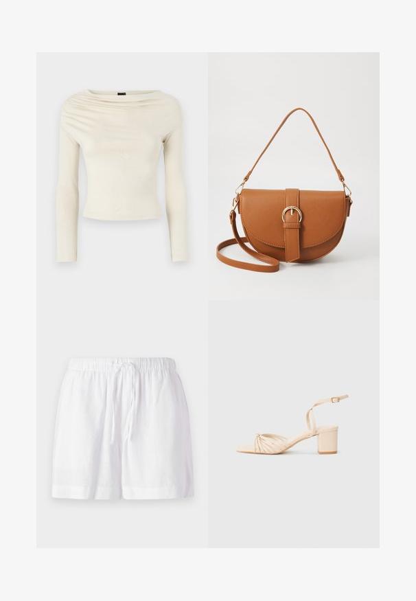 Gina Tricot Top dugih rukava - turtledove; Bijele lanene kratke hlače s elastičnim pojasom i podesivom vezicom. Imaju opuštenu siluetu i prevrnuti rub za udobnost.; Bež sandale s potpeticom na remenčiće, kvadratnom nosu, uvijenim dizajnom sprijeda, naramenicom oko zapešća i blok potpeticom. Glatka tekstura, minimalistički stil.; Smeđa kožna torba preko tijela s zakrivljenim oblikom, zlatnim metalnim detaljima i naglaskom na kopču. Ima odvojivu naramenicu.
