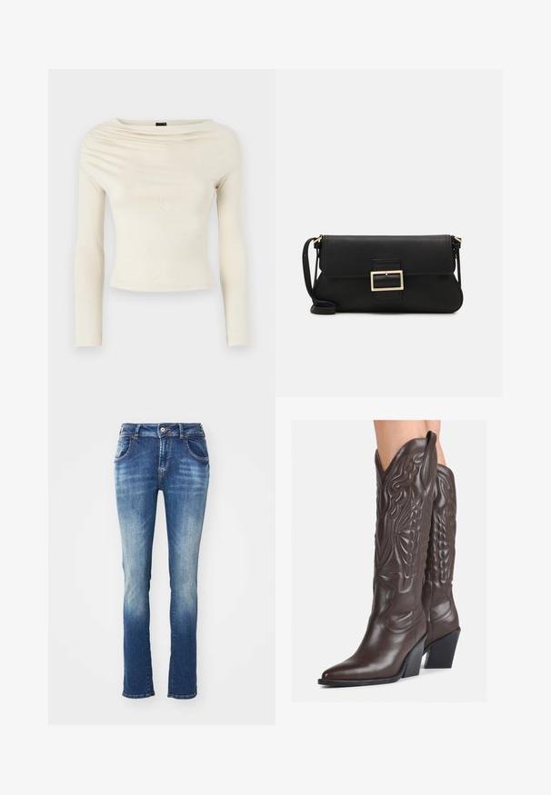 Gina Tricot Pikkade varrukatega topp - turtledove; Geneed džinsid keskmise kuni heleda sinise gradiendiga. Omavad klassikalist viit taskut, vööloopse ja nupuga kinnitamist.; Pruunid nahast cowboy saapad terava varbaga ja plokk-kandaga, millel on detailne tikand ja kergelt tõstetud aktsendid varrel.; Must haben musta nahkklahviga kott, millel on klapp ja kuldne metallist pandla detail. Kaasas must rihm ja stiilne, minimalistlik disain.; Kuldne rõngassõrmused sileda ja läikiva viimistlusega. Ringikujuline disain, millel on väike post ja selge tagumine külg, et tagada kindel kandmine.