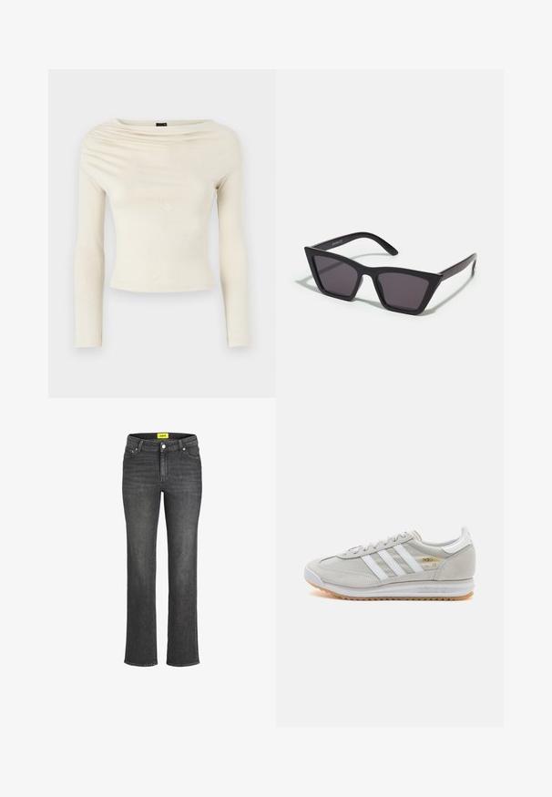 Gina Tricot Ilgarankovis viršutinės dalies drabužis - turtledove; Tamsiai pilki džinsai su tiesiu kirpimu, penkių kišenių stiliumi ir geltonu prekės ženklu ant juosmens. Metalinė sagtys.; Šviesiai pilki sportbačiai, pagaminti iš zomšos ir tinklinės medžiagos, su trimis baltais dryžiais, apvaliu pirštu ir guma padu. Auksinė logotipo detalė šalia raištelių.; Juodos, kampuotos saulės akinios su pilkais stiklais; pagaminti iš plastiko, su storomis šakėmis, turinčiomis lygų paviršių ir be matomų detalių.