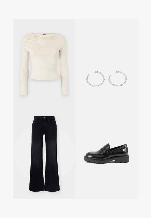 Gina Tricot Ilgarankovis viršutinės dalies drabužis - turtledove; ONLY ONLCHRIS WIDE - Platėjantys džinsai - washed black; Juodas lakinės odos loaferis su struktūrizuotu pirštu, dekoratyvine juostele per viršutinę dalį ir storu, tvirtu padu. Lygi, blizgi apdaila.; Sidabriniai auskarai žiedai su sukto dizaino, turintys poliruotą apdailą ir fiksavimo smeigtuką. Skersmuo maždaug 3 cm.