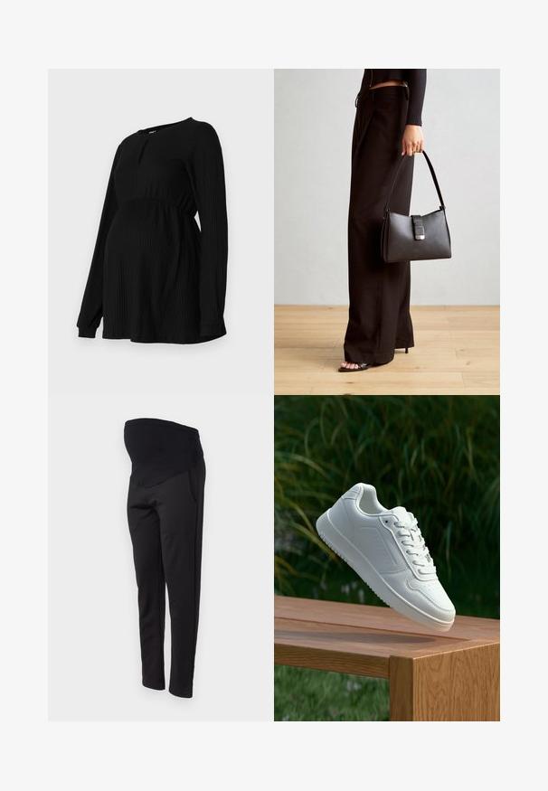 Top de maternidad negro con mangas largas, textura acanalada, cintura elástica y cuello redondo con un pequeño detalle en forma de llave en la parte frontal.; ONLY MATERNITY OLMGISELEA  - Pantalones - black; Zapatilla blanca con un upper sintético suave, caja de dedos perforada, cordones planos y una suela texturizada, exhibida sobre una superficie de madera.; Bolso negro con forma estructurada, textura suave y un cierre metálico. Combinado con pantalones anchos negros y sandalias de dedo en un suelo de madera.