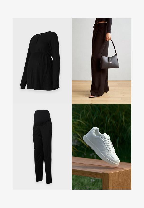 Black maternity top with long sleeves, ribbed texture, elastic waistband, and a round neck with a small keyhole detail at the front.; Black maternity pants made of soft fabric, featuring a wide stretchy waistband, relaxed fit, and two side pockets for functionality.; White sneaker with a smooth synthetic upper, perforated toe box, flat laces, and a textured sole, displayed on a wooden surface.; Black handbag with structured shape, smooth texture, and a metallic clasp. Paired with wide black pants and open-toe sandals on wooden floor.