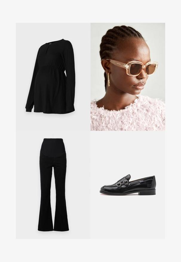 Maglietta premaman nera con maniche lunghe, texture a costine, vita elastica e scollatura rotonda con un piccolo dettaglio a chiave sul davanti.; Jeans neri a palazzo con vita alta, realizzati in denim. Presentano uno stile a cinque tasche e una texture liscia con dettagli cuciti.; Mocassino in vernice nera con doppi dettagli a fibbia argentata, punta leggermente arrotondata e tacco basso impilato. Dettaglio di cuciture texture lungo la parte superiore.; Occhiali da sole oversize beige con montatura trasparente e lenti marroni sfumate, caratterizzati da sottili accenti floreali e un design geometrico audace.; Borsa nera con forma strutturata, texture liscia e una chiusura metallica. Abbinata a pantaloni neri larghi e sandali open-toe su un pavimento in legno.