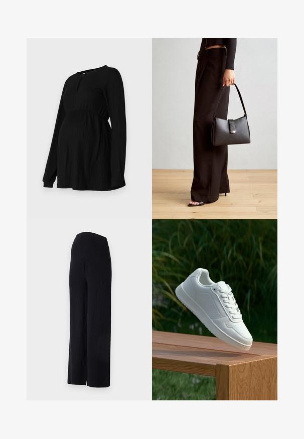 Top de maternidade preto com mangas longas, textura canelada, cintura elástica e um decote redondo com um pequeno detalhe em forma de buraco na frente.; Even&Odd Maternity Calças - black; Sapatilha branca com um cabedal sintético liso, caixa dos dedos perfurada, atacadores planos e uma sola texturizada, exposta sobre uma superfície de madeira.; Bolsa preta com forma estruturada, textura suave e um fecho metálico. Combinada com calças largas pretas e sandálias de salto aberto sobre um chão de madeira.