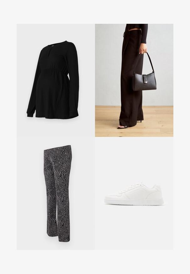 Top de maternidad negro con mangas largas, textura acanalada, cintura elástica y cuello redondo con un pequeño detalle en forma de llave en la parte frontal.; Leggings negros y plateados con un patrón de rayas de cebra, fabricados con un tejido elástico, diseño de pierna recta y estilo de cintura alta.; Zapatilla blanca hecha de material sintético liso, con puntera redondeada, diseño de cordones, suela plana y sutiles detalles perforados.; Bolso negro con forma estructurada, textura suave y un cierre metálico. Combinado con pantalones anchos negros y sandalias de dedo en un suelo de madera.