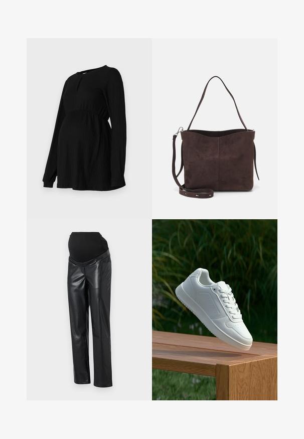 Musthave mustrasedega mustrasedega vöökoht, ümar kaelus ja väike aukdetail ees.; Must must suledest sünniga naiste püksid, millel on veniv must vöökoht, esitades kohandatud sobivuse ja neutraalse üksvärvilise disaini.; Valged sneakerd, millel on sile sünteetiline ülemine osa, väikeste aukudega varvaskast, lamedad paelad ja tekstuuriga tald, eksponeeritud puidust pinnal.; Pruun nubukist kott pehme tekstuuriga, millel on üks õlavarre rihm ja peene kumer ülemine ava. Nähtavaid metallosi pole.