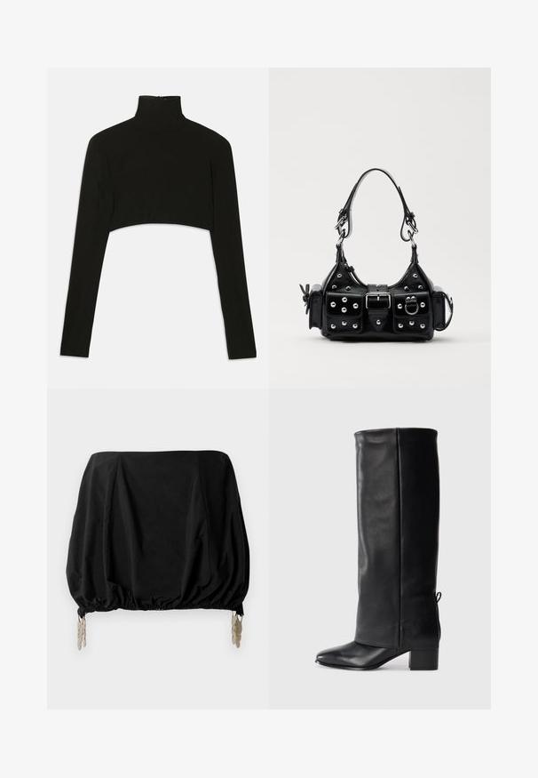 Top nero a maniche lunghe corte con collo alto. Realizzato in tessuto elasticizzato, presenta una chiusura con zip sul retro e slitte laterali.; Top corto nero con un design arricciato, caratterizzato da orlo elastico e clip metalliche come dettagli. Realizzato in un tessuto leggero.; Stivali neri in pelle al ginocchio con finitura liscia, punta quadrata, tacco a blocco e dettaglio con lacci laterali per una vestibilità regolabile.; Borsa a mano in pelle nera con design curvo, caratterizzata da borchie argentate, una fibbia e due tasche laterali. Tracolla regolabile per diverse opzioni di trasporto.