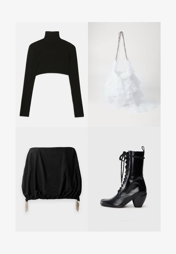 Fekete, crop fazonú, hosszú ujjú felső magas nyakkal. Rugalmas anyagból készült, hátul cipzáros záródással és oldalhasítékokkal rendelkezik.; Fekete, rövidített felső, fodros dizájnnal, rugalmas szegéllyel és fém csatokkal díszítve. Könnyű anyagból készült.; Fekete bőr bokacsizma négyzet alakú orral, elöl fűzött dizájnnal és vastag, kiugró sarokkal. Simább textúra és elegáns kivitel.; Fehér tüll kézitáska fodros dizájnnal, láncos pánttal és puha textil részletekkel. Könnyű, levegős textúra réteges díszítéssel.