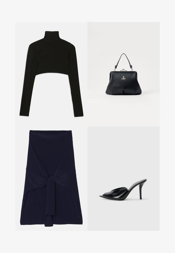 Čierny krátky top s dlhými rukávmi a vysokým golierom. Vyrobený z elastického materiálu, má zips na chrbte a bočné rozparky.; Námornícka modrá sukňa typu wrap vyrobená z mäkkej, elastickej látky s uzlovým dizajnom vpredu, s hladkou textúrou a upravenými okrajmi.; Čierne kožené vysoké podpätky s otvorenou špičkou, špicatý dizajn, hladká textúra a štíhly stiletto podpätok.; Čierna kožená kabelka s textúrovaným povrchom, striebornými kovovými doplnkami, uzatváraním na sponu a krátkym držadlom na nosenie. Kompaktný a štruktúrovaný dizajn.