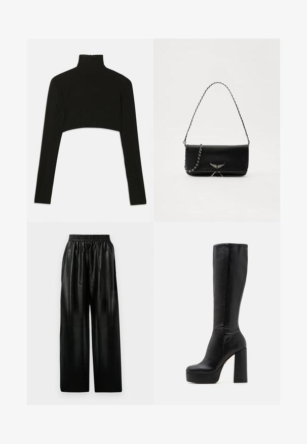 Čierny krátky top s dlhými rukávmi a vysokým golierom. Vyrobený z elastického materiálu, má zips na chrbte a bočné rozparky.; Čierne kožené nohavice s širokými nohavicami a elastickým pásom, so štyrmi bočnými vreckami a hladkou, lesklou textúrou.; Čierne kožené čižmy po kolená s hladkým povrchom a textúrovaným zakončením, s vysokým blokovým podpätkom a okrúlym špičkovým dizajnom.; Čierna kožená kabelka so strieborným reťazovým popruhom, so zdobnými krídelnými akcentmi a bielym prešívaním pozdĺž dolného švu.