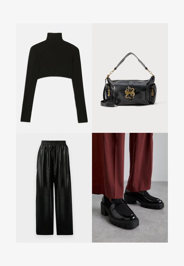 Czarny krótki top z długim rękawem i wysokim kołnierzem. Wykonany z elastycznego materiału, posiada zamek błyskawiczny z tyłu i boczne rozcięcia.; Czarne skórzane spodnie o szerokich nogawkach z elastycznym paskiem, wyposażone w dwie boczne kieszenie oraz gładką, błyszczącą fakturę.; Stuart Weitzman 5050 SOHO czarny; Czarna skórzana torba na ramię o gładkiej teksturze, zaistegowanymi elementami w kształcie węża w kolorze złotym oraz dwoma bocznymi kieszeniami na zamek. W zestawie regulowany pasek na ramię.