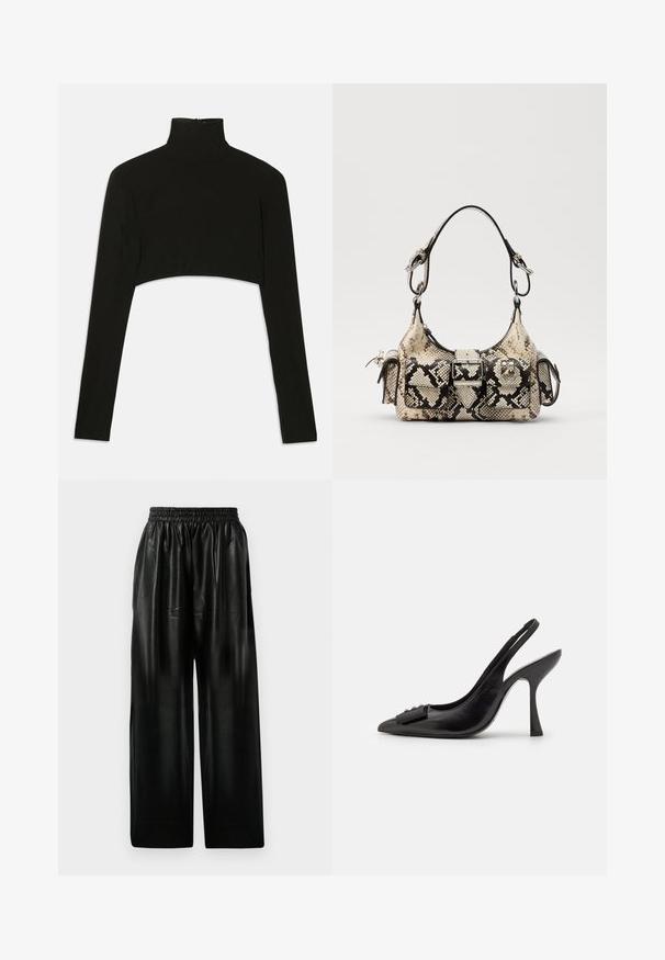 Czarny krótki top z długim rękawem i wysokim kołnierzem. Wykonany z elastycznego materiału, posiada zamek błyskawiczny z tyłu i boczne rozcięcia.; Czarne skórzane spodnie o szerokich nogawkach z elastycznym paskiem, wyposażone w dwie boczne kieszenie oraz gładką, błyszczącą fakturę.; Czółenka na obcasie z czarnej skóry z odkrytym piętą, o ostrym nosku, smukłym wysokim obcasie i dekoracyjną kokardą. Gładka tekstura i elegancki design.; Torebka Python-print w beżu i czerni, z wyraźnym kształtem, detalem z zapięciem oraz podwójnymi ramiączkami na ramię. Teksturowana powierzchnia.