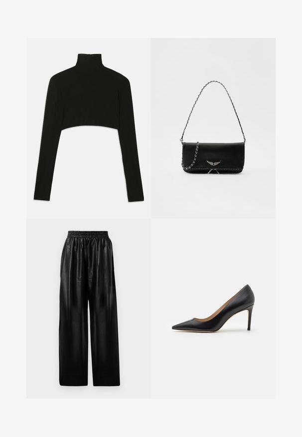 Czarny krótki top z długim rękawem i wysokim kołnierzem. Wykonany z elastycznego materiału, posiada zamek błyskawiczny z tyłu i boczne rozcięcia.; Czarne skórzane spodnie o szerokich nogawkach z elastycznym paskiem, wyposażone w dwie boczne kieszenie oraz gładką, błyszczącą fakturę.; Stuart Weitzman - Szpilki; Czarna skórzana torebka z srebrnym łańcuszkiem, ozdobiona dekoracyjnymi skrzydłami i białym przeszyciem wzdłuż dolnego szwu.