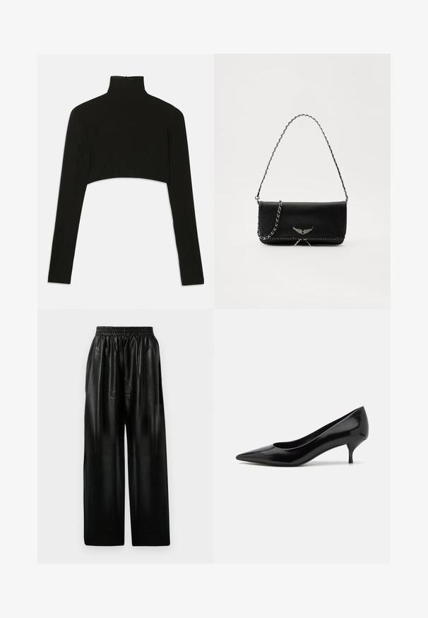Czarny krótki top z długim rękawem i wysokim kołnierzem. Wykonany z elastycznego materiału, posiada zamek błyskawiczny z tyłu i boczne rozcięcia.; Czarne skórzane spodnie o szerokich nogawkach z elastycznym paskiem, wyposażone w dwie boczne kieszenie oraz gładką, błyszczącą fakturę.; Czarna lakierowana skórzana szpilka z odkrytą noskiem i niskim obcasem typu stiletto. Gładka tekstura i minimalistyczny design, bez widocznych wzorów czy akcentów.; Czarna skórzana torebka z srebrnym łańcuszkiem, ozdobiona dekoracyjnymi skrzydłami i białym przeszyciem wzdłuż dolnego szwu.