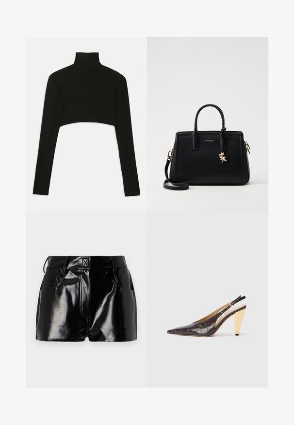 Černý zkrácený top s dlouhým rukávem a vysokým límcem. Vyrobeno z elastického materiálu, s vlečkou na zip na zadní straně a bočními rozparky.; Černé lesklé kraťasy vyrobené z umělého materiálu. Obsahují přiléhavý pas, poutka na opasek a přední kapsy s výraznými švy.; Slinbková podpatková obuv s špičatou špičkou v tmavě hnědé lesklé umělé krokodýlí kůži. Obsahuje zlatý geometrický podpatek a nastavitelný páskový pásek kolem kotníku.; Černá kožená kabelka se strukturovaným designem, dvojitými horními uchy, odnímatelným ramenním popruhem, zlatými doplňky a akcentem ve formě logového charm.