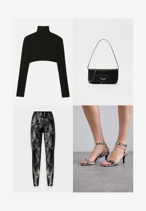 Czarny krótki top z długim rękawem i wysokim kołnierzem. Wykonany z elastycznego materiału, posiada zamek błyskawiczny z tyłu i boczne rozcięcia.; Czarne legginsy z koronki z kwiatowym wzorem, przezroczysty materiał, dopasowany krój, gładka talia i zamknięte mankiety.; Czarno-białe sandały na wysokim obcasie z deseniem skóry węża, z cienkimi paskami i małym zapięciem. Obcas jest smukły i spiczasty.; Czarna skórzana torebka z srebrnym łańcuszkiem, ozdobiona dekoracyjnymi skrzydłami i białym przeszyciem wzdłuż dolnego szwu.