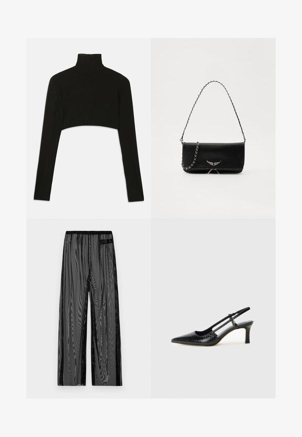 Črn skrajšan pulover dolgih rokavov z visokim ovratnikom. Narejen iz raztegljivega materiala, ima zadrgo na hrbtu in bočne razporke.; Črne mrežaste hlače s širokimi nogavicami, ki imajo črn elastični pas in stranske žepe. Teksturirana, lahka tkanina.; Črne lakaste slingback pete s koničastim nosom, ki imajo teksturiran vzorec kačje kože, nastavljiv trak in kratek teksturiran blok peto.; Črna usnjena torbica s srebrnim verižnim ročajem, ki ima okrasne krilate poudarke in belo šivanje ob spodnjem šivu.