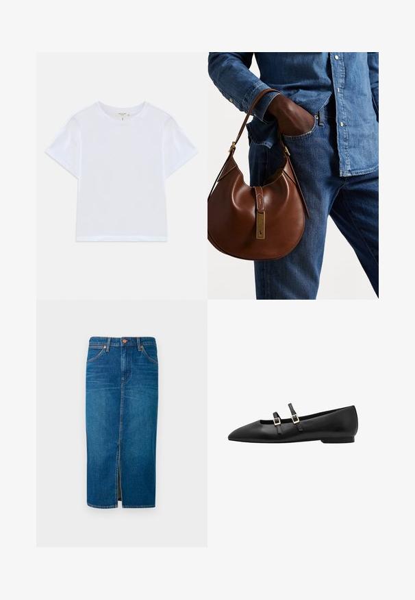 Camiseta curta branca feita de algodão suave, com decote redondo e mangas curtas, apresentando um corte ligeiramente descontraído. Sem padrões ou detalhes.; Saia midi de ganga em azul profundo com uma abertura frontal, design de cinco bolsos, costura laranja e uma cintura segura com dois botões de metal.; Sapato plano preto em couro com bico pontiagudo, apresentando duas tiras pretas e fivelas quadradas douradas. Textura suave e sola de perfil baixo.; Bolsa hobo de couro castanho com forma arredondada, apresentando um acabamento em metal dourado e costura em contraste. Combinada com uma camisa de ganga e jeans.