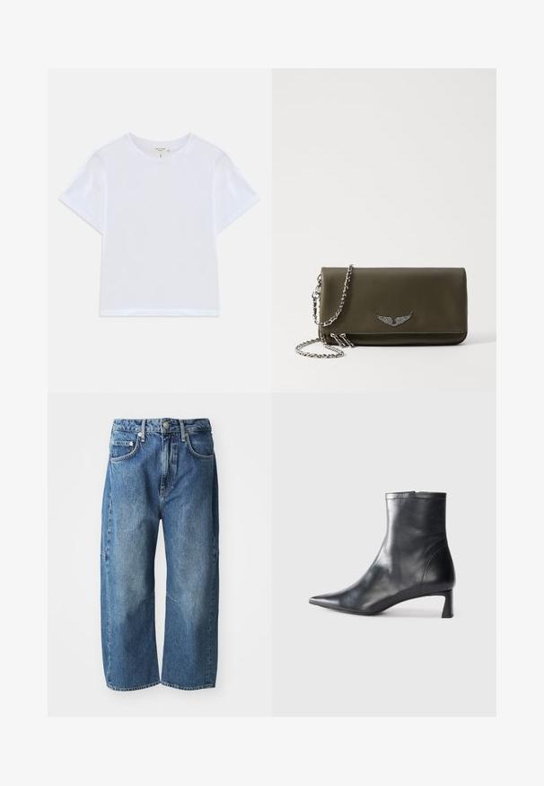 Biała krótka koszulka z miękkiej bawełny, z okrągłym dekoltem i krótkimi rękawami, o lekko luźnym kroju. Bez wzorów ani akcentów.; Niebieskie dżinsy o luźnym kroju i szerokich nogawkach, wyposażone w kieszenie z przodu, zapięcie na guzik i zamek, oraz delikatne przetarcia na kolanach.; Czarne skórzane botki sięgające kostki z ostrym noskiem i eleganckim designem. Posiadają niski obcas oraz zamek błyskawiczny z tyłu. Gładka faktura.; Oliwkowa skórzana kopertówka z metalowym akcentem w kształcie skrzydła, z łańcuszkiem na ramię i zamknięciem na zamek, gładka tekstura i prostokątny kształt.