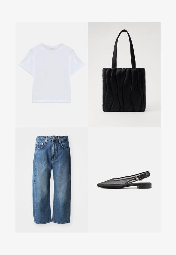 Bílý zkrácený tričko vyrobené z měkké bavlny, s kulatým výstřihem a krátkými rukávy, s mírně pohodlným střihem. Bez vzorů nebo akcentů.; Modré džínové kalhoty s volným, širokým střihem, obsahující přední kapsy, zapínání na knoflík a zip, a jemné vyblednutí na kolenou.; rag & bone ASTRA SLINGBACK - Baleríny s otevřenou patou - black; Černá taška přes rameno vyrobená z polstrované tkaniny, se vlnitou strukturou, dvěma robustními uchy a obdélníkovým tvarem. Jednoduchý, moderní design.