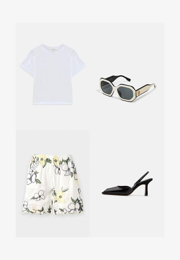 Biely skrátený tričko vyrobené z jemnej bavlny, s okrúhlym výstrihom a krátkymi rukávmi, s mierne voľným strihom. Žiadne vzory ani akcenty.; Biele šortky s kvetinovou výšivkou v žltej, fialovej a čiernej farbe. Majú elastický pás a vlnitý lem. Zatvorenie na šnúrku.; Čierne kožené sandále na podpätku s špicatou špičkou, minimalistický dizajn, tenký remienok okolo členka a elegantný stiletto podpätok. Hladká textúra.; Slnečné okuliare s osmiuholníkovým bielym rámom, čiernymi okrajmi a sivými sklami. Zlatý detail loga na boku dodáva jedinečný akcent.; Čierna kožená taška na rameno s dvoma dlhými popruhmi, sťahovaným vrcholom a zlatým kruhovým akcentom. Hladký povrch s minimalistickým dizajnom.