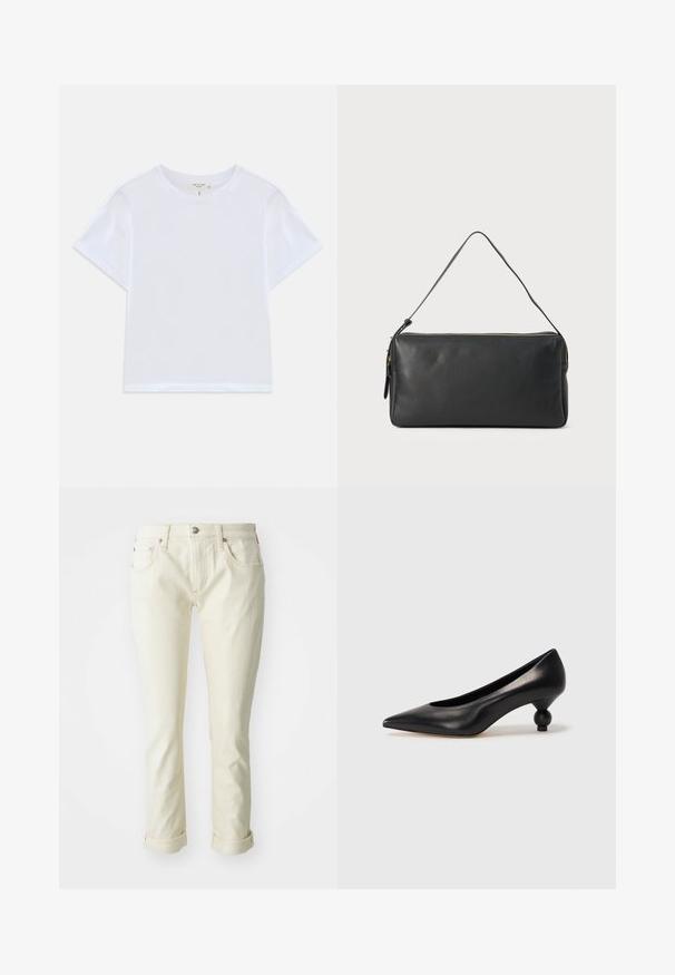 White cropped t-shirt made of soft cotton, featuring a round neck and short sleeves with a slightly relaxed fit. No patterns or accents.; Beige denim jeans with a fitted design, featuring five pockets, a zip fly, and rolled cuffs for a cropped finish.; Black leather high heel shoe with a pointed toe and a round, balled heel. Smooth texture with a sleek, minimal design.; Black leather handbag with a slim rectangular shape, zip closure, and a single shoulder strap. Features a smooth texture and minimalistic design.