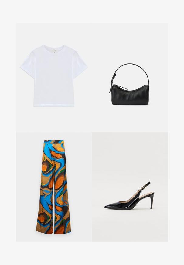 White cropped t-shirt made of soft cotton, featuring a round neck and short sleeves with a slightly relaxed fit. No patterns or accents.; Wide-leg trousers featuring a multicolored abstract pattern with blue, orange, and brown hues. Made from lightweight fabric with a smooth texture.; Black patent leather slingback pump with pointed toe, slim heel, and a subtle cutout design. Features a gold buckle on the strap.; Black leather shoulder bag with a curved design, zip closure, and a slim strap. Features a smooth texture and subtle stitching details.