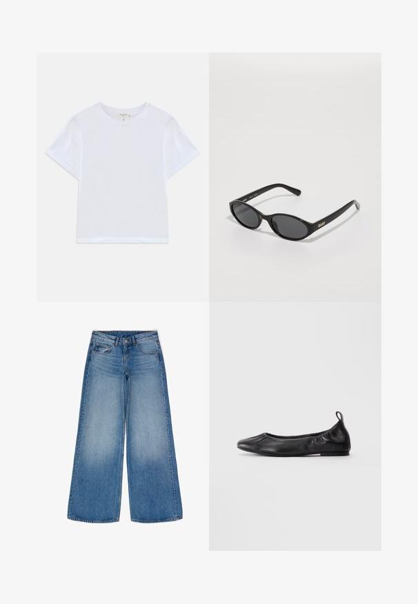 Weißes, kürzer geschnittenes T-Shirt aus weicher Baumwolle mit Rundhalsausschnitt und kurzen Ärmeln in einem leicht lässigen Schnitt. Keine Muster oder Akzente.; Weite blaue Jeans mit ausgewaschenem Finish. Verfügt über stabile Taschen, eine hohe Taille und einen klassischen Knopf- und Reißverschluss.; Schwarze Leder-Ballettschuhe mit runder Spitze, gerafften elastischen Seiten und einer Schlaufe an der Ferse, auf einem hellen Hintergrund präsentiert.; Schwarze Sonnenbrille mit runden Gläsern, glänzender Kunststofffassung und goldfarbenem "QUAY"-Logo an der Seite. Mit dunkel getönten Gläsern.