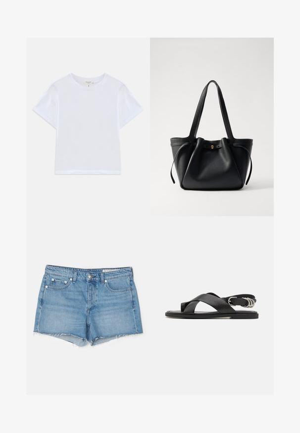White cropped t-shirt made of soft cotton, featuring a round neck and short sleeves with a slightly relaxed fit. No patterns or accents.; rag & bone Denim shorts - light blue; rag & bone GIA TOE LOOP - Sandals - black; Black leather tote bag with two long straps, a cinched top, and a gold circular accent. Smooth texture with a minimalist design.