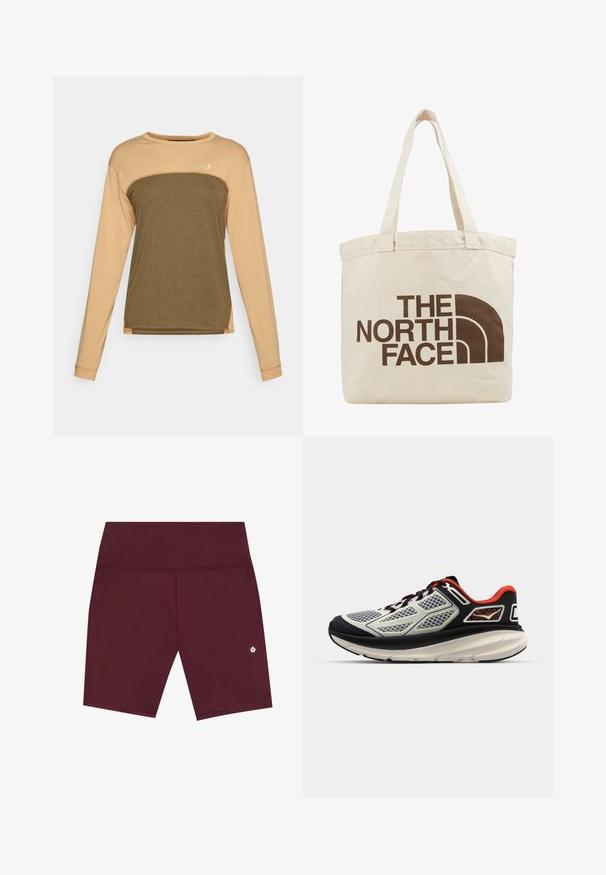 Koszulka z długim rękawem z beżową górną częścią i ciemnooliwkową dolną częścią. Miękka, teksturowana tkanina z kontrastującymi szwami na ramionach.; Bordowe spodenki sportowe o gładkiej fakturze, z szerokim pasem i subtelnym detalem logo przy dolnym końcu. Długość do połowy uda.; Buty sportowe z czarną i czerwoną tekstylną cholewką z siateczkowymi panelami, z wyściełaną białą podeszwą środkową oraz teksturowaną czarną podeszwą zewnętrzną.; Beżowa torba płócienna na ramię z dwoma uchwytami, z dużym ciemnobrązowym napisem logo "THE NORTH FACE" oraz półokrągłym elementem graficznym.; Czarne rękawice wykonane z mieszanki teksturowanej tkaniny i skóry. Cechy obejmują wzmocnione końcówki palców, nadruk logo oraz bezpieczne paski na nadgarstki.
