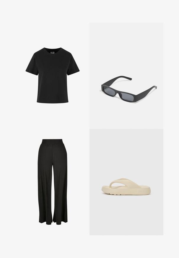 Camiseta de algodón negra con mangas cortas, cuello redondo y un corte holgado. Textura suave y sin patrones ni adornos visibles.; Pantalones anchos negros con textura de canalé vertical y cinturilla alta elástica. Incluye bolsillos laterales y diseño de tela fluida.; Chancla beige de goma, con un solo dedo y suela gruesa con patrón de tracción. Marcada con el logo de Fila.; Gafas de sol negras rectangulares con lentes oscuros y montura gruesa mate. Las varillas son ligeramente cónicas con una textura suave.