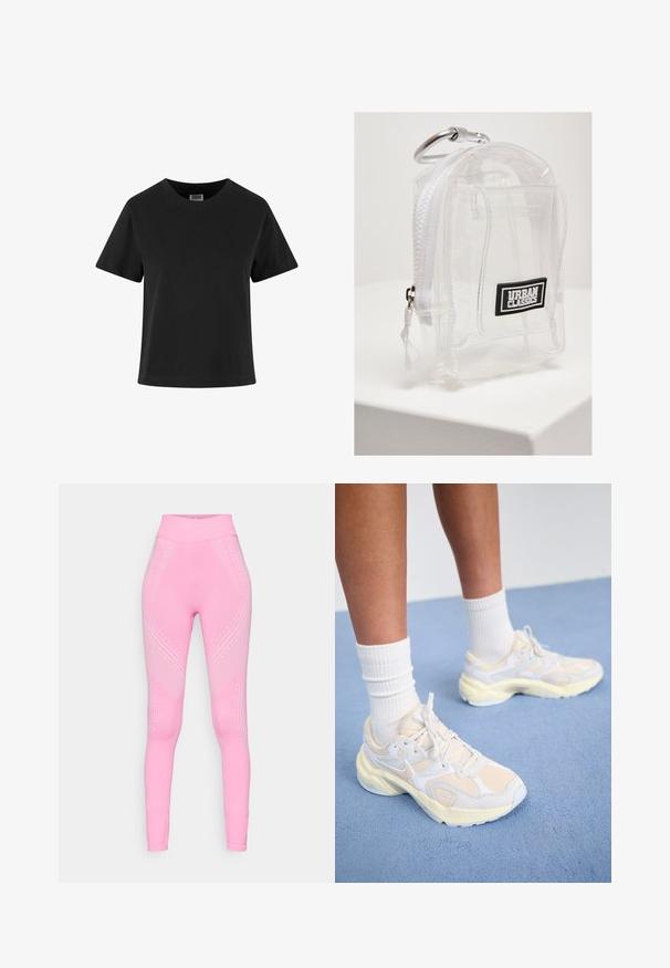 Camiseta de algodón negra con mangas cortas, cuello redondo y un corte holgado. Textura suave y sin patrones ni adornos visibles.; Leggings deportivos rosas con una cintura alta, que presentan sutiles patrones de olas y acentos de puntos a lo largo de los lados. Tela suave y elástica.; Zapatos deportivos elegantes en amarillo pálido y blanco, con materiales de malla y sintéticos, una forma redondeada y suelas texturizadas.; Mini mochila de PVC transparente con cremallera y correa blanca. Presenta un parche de logo negro y un mosquetón plateado. Forma rectangular compacta.