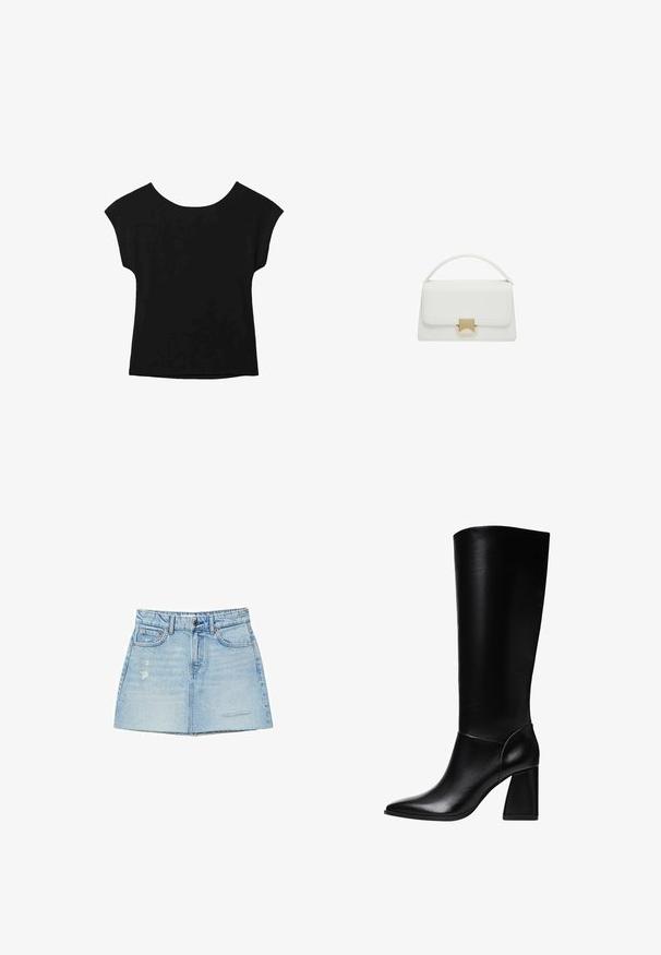 Črna kratka majica s širokim izrezom in ohlapnim krojem. Narejena iz mehkega materiala brez vidnih vzorcev ali okrasnih elementov.; Svetlo modra denim krila z rahlo A-obliko, razfrčenim robom in zbledelimi poudarki. Ima zanke za pas in sprednje žepe.; Stradivarius Škornji z visoko peto - black; Bela usnjena torbica s strukturirano zasnovo, ki ima ročaj na vrhu in zaponko v zlatem tonu. Gladka tekstura in minimalistični detajli.
