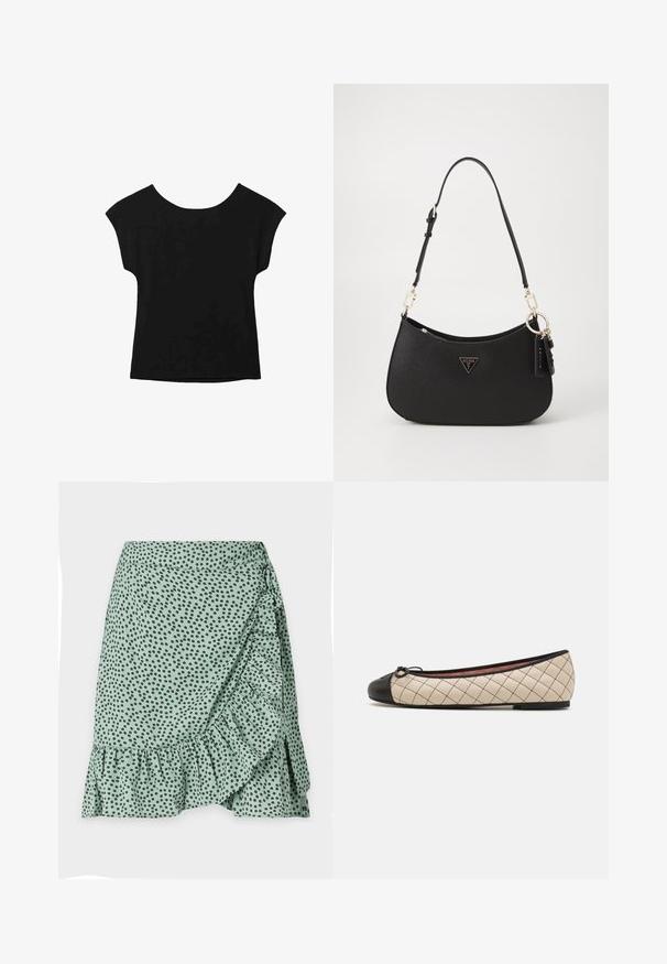 Mustat lyhythihaiset paidat, joissa on leveä kaula-aukko ja löysä istuvuus. Valmistettu pehmeästä kankaasta, jossa ei ole näkyviä kuvioita tai koristeita.; Vihreä kangashame, jossa on mustia pilkkuja, röyhelöhelma ja sivukääntömuotoilu. Sujuva tekstuuri ja kevyet materiaalit.; Beige broderade läderballerinor med svart tåskydd och rosettaccent, med låg klack och slät yta.; Musta synteettinen käsilaukku, jossa on kaareva muoto, kultaiset metalliosat ja kolmio-logo. Varustettu vetoketjusulkeisella ja säädettävällä hihnalla.