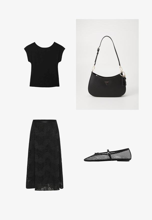 Schwarzes Kurzarmoberteil mit weit ausgeschnittener Halslinie und lockerer Passform. Hergestellt aus weichem Stoff ohne sichtbare Muster oder Verzierungen.; Schwarzer Spitzenrock mit ausgestelltem Design. Verfügt über ein florales Muster, eine strukturierte Oberfläche und einen taillierten Bund. Die Länge reicht bis zur Mitte der Waden.; Schwarze Netz-Balletflats mit spitz zulaufender Zehenpartie, dekorativem Riemen und dezentem Akzent. Sie verfügen über ein offenes Netzdesign und eine flache Sohle.; Schwarze synthetische Handtasche mit geschwungener Form, goldfarbenen Metalldetails und einem dreieckigen Logo. Verfügt über einen Reißverschluss und einen verstellbaren Trageriemen.