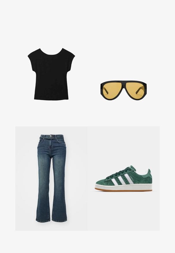 Haut noir à manches courtes avec un large col et une coupe ample. Fabriqué en tissu doux sans motifs ni embellissements visibles.; Jean flare bleu foncé à taille haute, conçu en denim. Comprend des poches avant, une fermeture à bouton et un léger dégradé sur les cuisses.; Baskets en daim vert avec des bandes en cuir blanc, semelle en caoutchouc, col rembourré et design minimaliste. Avec un logo sur le côté.; Lunettes de soleil avec une monture en plastique noir élégant et des verres teintés jaunes, dotées d'une forme angulaire distincte et de branches larges pour une meilleure protection.