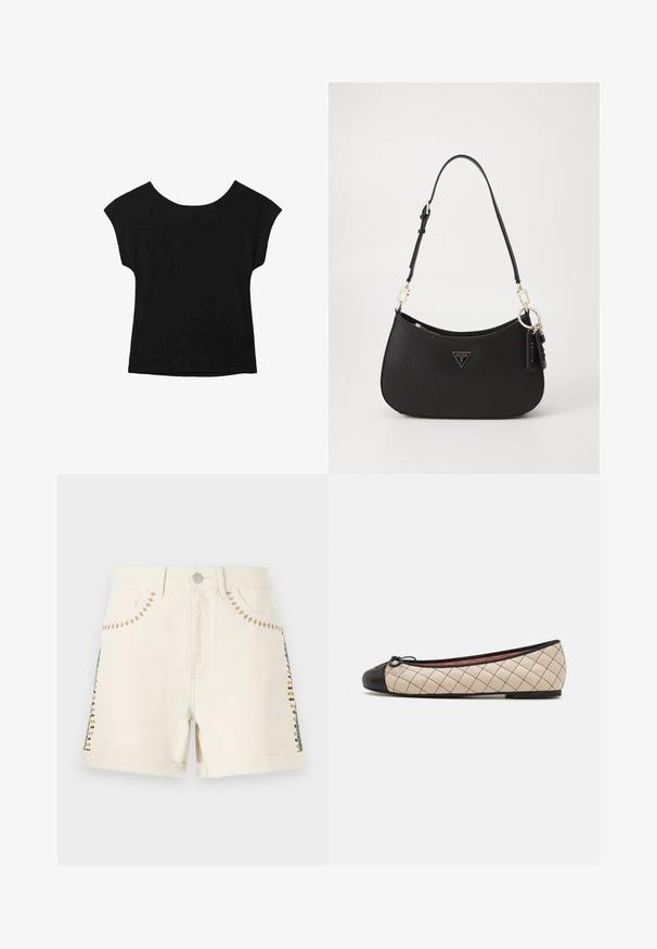 Mustat lyhythihaiset paidat, joissa on leveä kaula-aukko ja löysä istuvuus. Valmistettu pehmeästä kankaasta, jossa ei ole näkyviä kuvioita tai koristeita.; Beige puuvillashortsit, joissa on vihreät, keltaiset ja ruskeat ompeleet sivuilla. Mallissa on käännetyt lahkeet ja etutaskut.; Beige broderade läderballerinor med svart tåskydd och rosettaccent, med låg klack och slät yta.; Musta synteettinen käsilaukku, jossa on kaareva muoto, kultaiset metalliosat ja kolmio-logo. Varustettu vetoketjusulkeisella ja säädettävällä hihnalla.; Kaksi pilkullista hiuspantaa: yksi valkoinen mustilla palloilla ja toinen musta valkoisilla palloilla; sileä pinta ja pyöreä muoto.