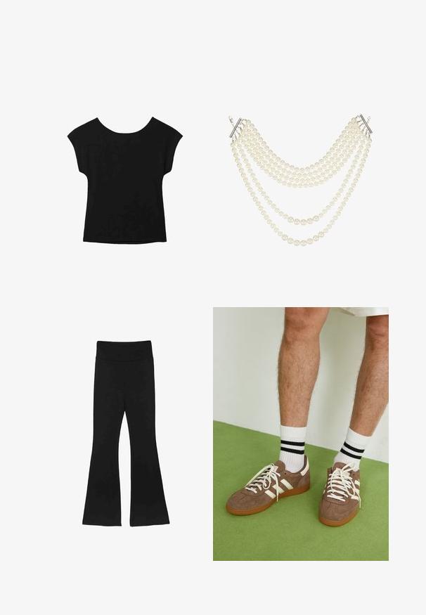 Top nero a maniche corte con scollatura ampia e vestibilità ampia. Realizzato in tessuto morbido senza pattern o decorazioni visibili.; Pantaloni neri a zampa d'elefante con una cintura larga e un tessuto liscio e elasticizzato. Le gambe si allargano, creando una silhouette definita.; Sneaker in suede marrone con dettagli e lacci bianchi. Suola in gomma color gomma. Indossati con calzini bianchi con righe nere. Pavimento verde texturizzato.; Collana multi-strato con perle bianche cremose di diverse dimensioni, fissata con un semplice gancio argentato e accenti.
