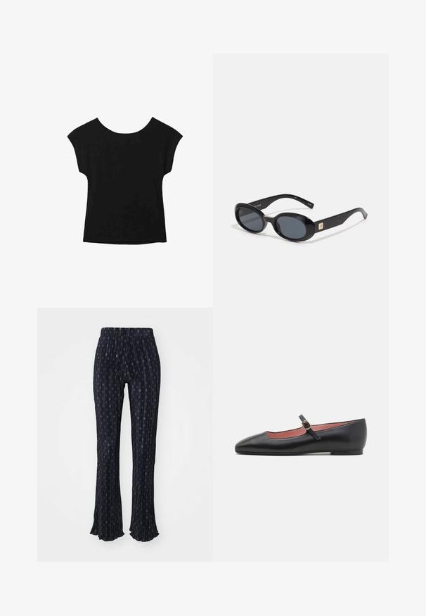 Černý top s krátkým rukávem, širším výstřihem a volným střihem. Vyrobeno z měkké látky bez viditelných vzorů nebo ozdob.; Námořnické kalhoty s proužkovaným vzorem a malými kruhovými motivy. Rozšířený lem, elastický pas a plisovaná textura.; Černá kožená plochá bota s špičatou špicí a kotníkovým páskem s zlatou sponou. Hladký povrch s mírně lesklým finish.; Černé oválné sluneční brýle s tmavými skly, lesklým plastovým rámem, širokými stranami a malým zlatým detailem na jedné straně.; Stříbrné kruhové náušnice s lesklým povrchem, které mají obdélníkový design a bezproblémové závěsy, vykazující hladký povrch.