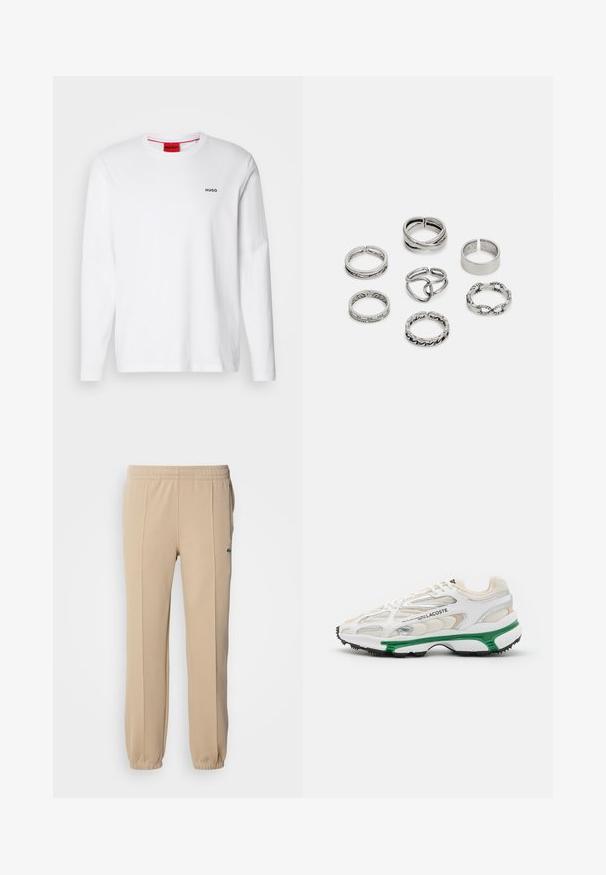 Camisa branca de mangas longas feita de algodão, com decote redondo, logotipo preto "HUGO" no lado esquerdo do peito e uma textura suave.; Lacoste Calças de fato de treino - viennese; Sapatilha branca com detalhes verdes e sola de borracha preta. Apresenta painéis em malha e sintéticos, com um acabamento texturizado e costura visível.; Conjunto de sete anéis de prata com vários designs, incluindo padrões torcidos, entrelaçados e gravados. Diferentes formas e larguras.