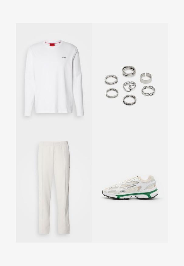Λευκό πουκάμισο με μακρύ μανίκι από βαμβάκι, με στρογγυλή λαιμόκοψη, μαύρο λογότυπο "HUGO" στη αριστερή πλευρά του στήθους και απαλό υφή.; Lacoste Παντελόνι φόρμας - hammam; Λευκό αθλητικό παπούτσι με πράσινη λεπτομέρεια και μαύρη καουτσούκ σόλα. Διαθέτει πλέγμα και συνθετικά πάνελ, με υφή και ορατές ραφές.; Σέτ από επτά ασημένιες δαχτυλιές με διάφορα σχέδια, συμπεριλαμβανομένων στριφτών, συνδεδεμένων και χαρακτών μοτίβων. Διαφορετικά σχήματα και πλάτη.