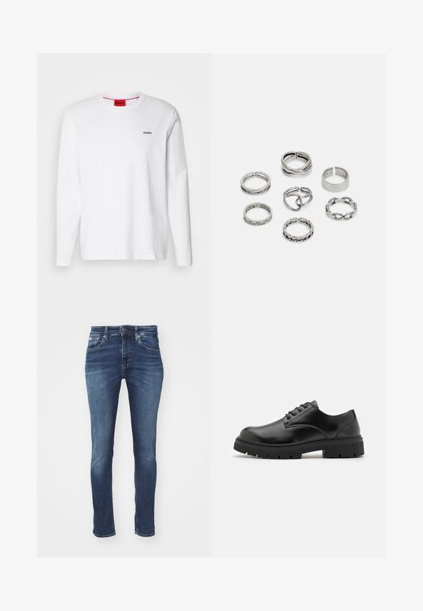 Vit långärmad skjorta i bomull, med rund halsringning, svart "HUGO"-logotyp på vänster bröst och en mjuk textur.; Mörkblå denimjeans med slim fit, med fem fickor, knappgylf och subtila blekningsdetaljer på låren och knäna.; Svarta läderskor med rund tå, snörningsdesign och en tjock, texturerad gummisula. Har sömmar längs kanten och en slät yta.; Set med sju silverringar med olika mönster, inklusive vridna, länkade och graverade mönster. Olika former och bredder.