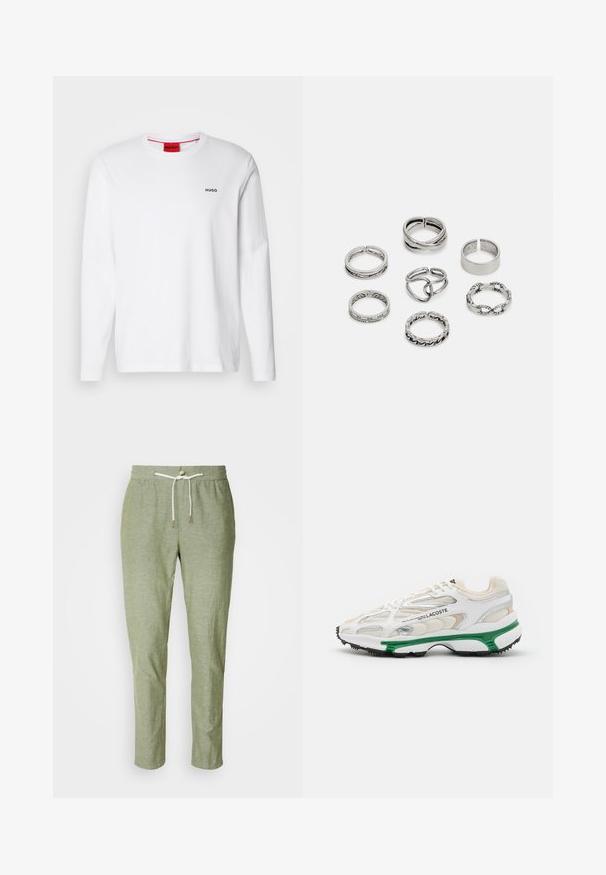 White long-sleeve shirt made of cotton, featuring a round neckline, black "HUGO" logo on the left chest, and a smooth texture.; Light green, linen blend pants with a tapered fit, elastic waistband, and drawstring closure. Smooth texture with no visible patterns.; White sneaker with green accent and black rubber sole. Features mesh and synthetic panels, with a textured finish and visible stitching.; Set of seven silver rings featuring various designs, including twisted, linked, and engraved patterns. Different shapes and widths.